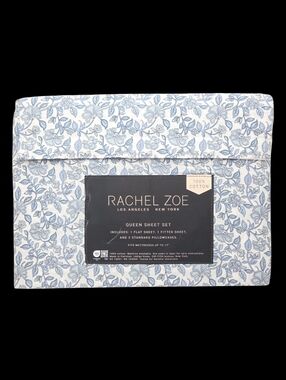 Rachel Zoe Floral Cotton Queen Sheet Set of‎ 4pc White Blue